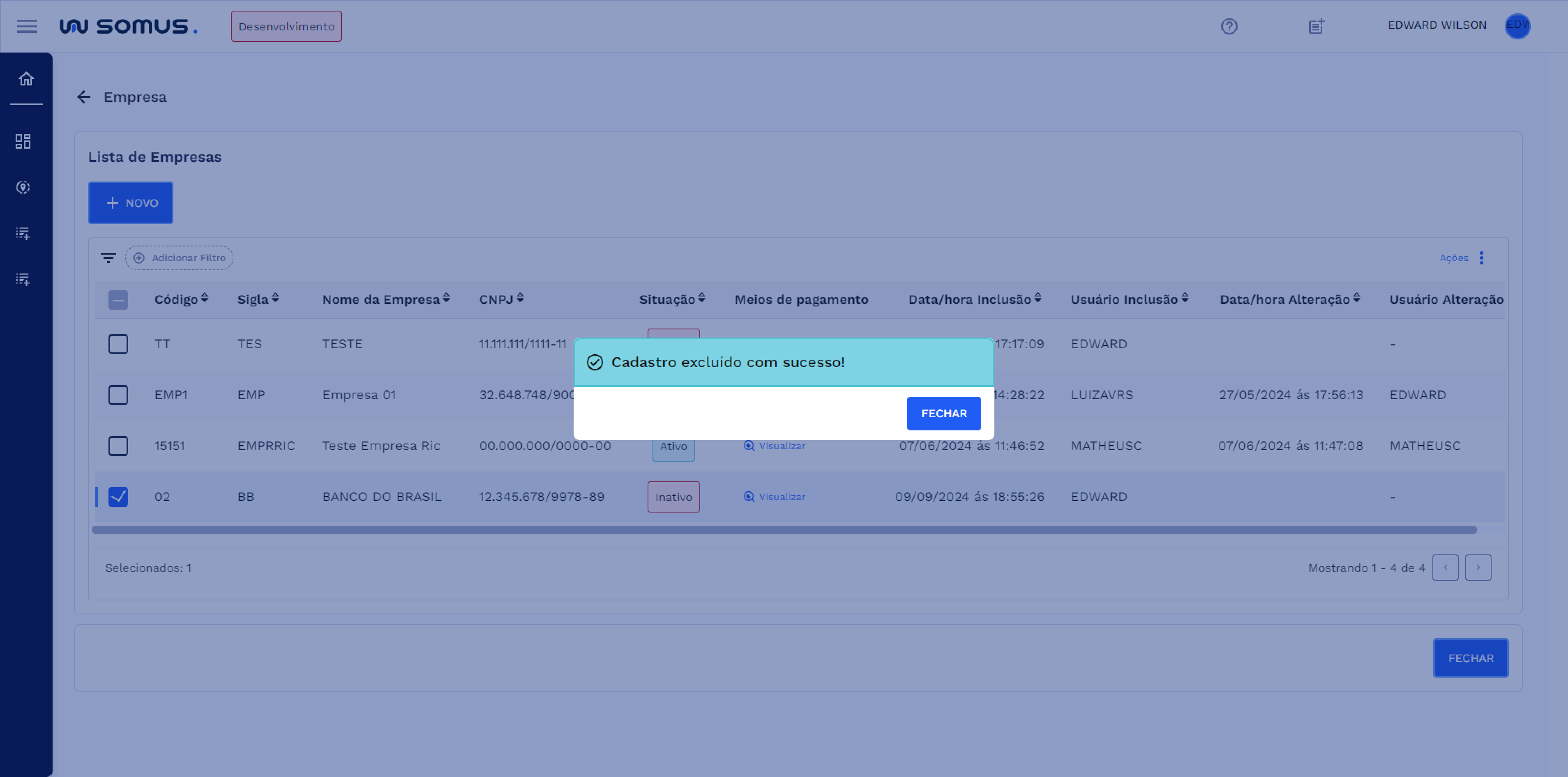 Caixa de diálogo - Cadastro excluído com sucesso