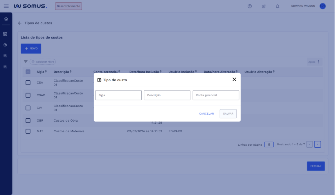Cadastro Tipo de Custo