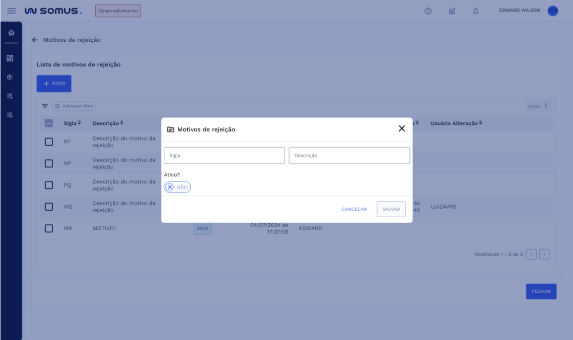 Cadastro de Motivos de Rejeição