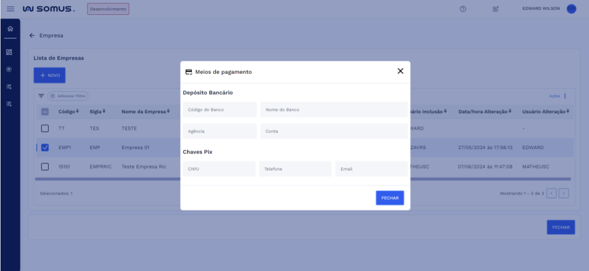 Janela detalhamento meios de pagamento
