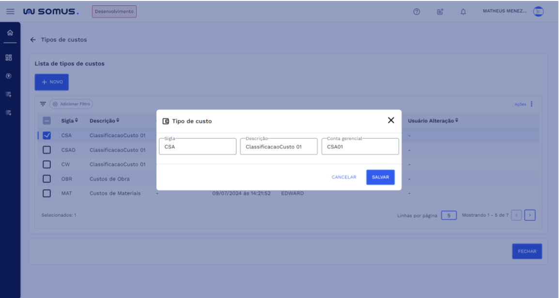 Editar Tipo de Custo