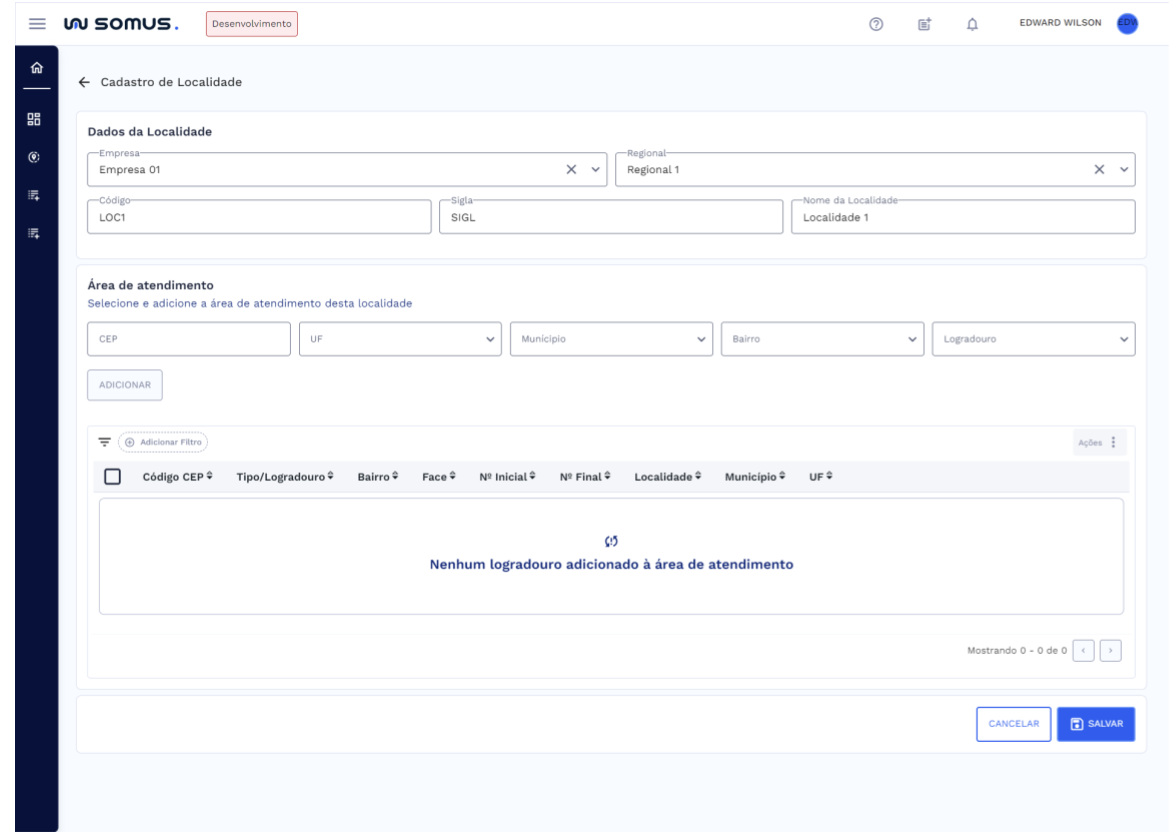 Editar cadastro de localidade