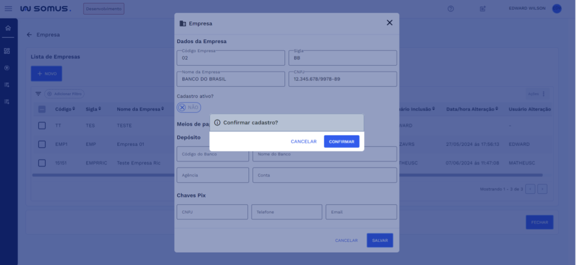 Caixa de diálogo - Confirmar Cadastro de Empresa