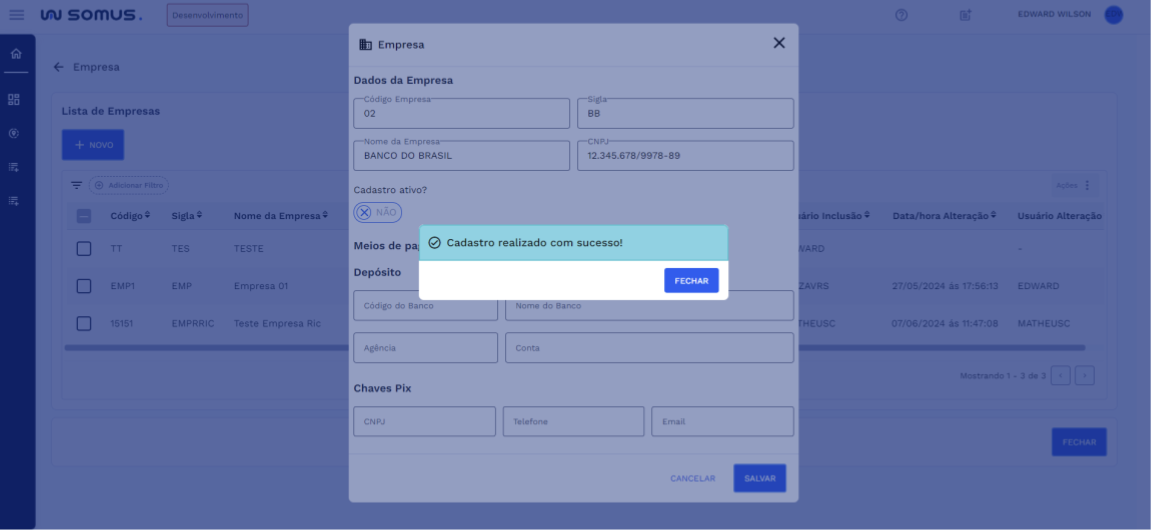 Caixa de diálogo - Cadastro realizado com sucesso