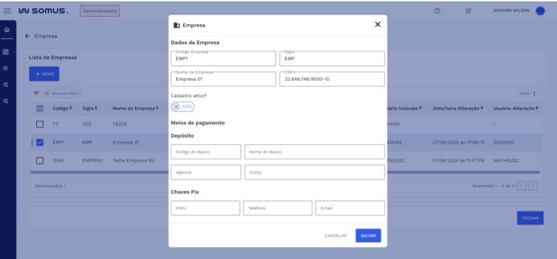 Janela Cadastro Empresa em Modo Edição