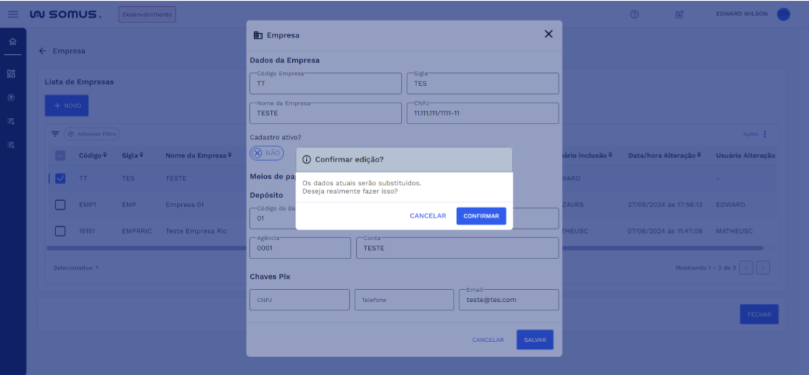 Caixa de diálogo - Confirmar Edição - Cadastro Empresa